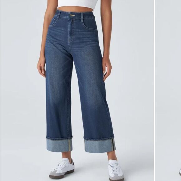 Halara Flex High Waisted Multiple Pockets Rolled Hem Wide Leg Jeans Small Tall - Picture 1 of 9